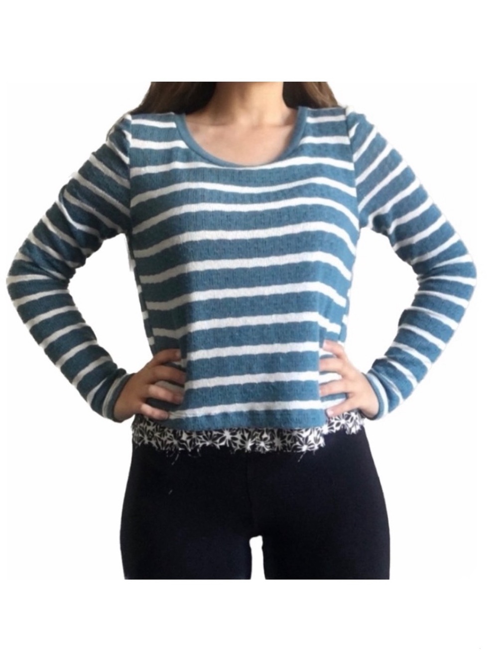 Anthropologie Postmark Layered Blue and White Striped with Florals Ginny Sweater